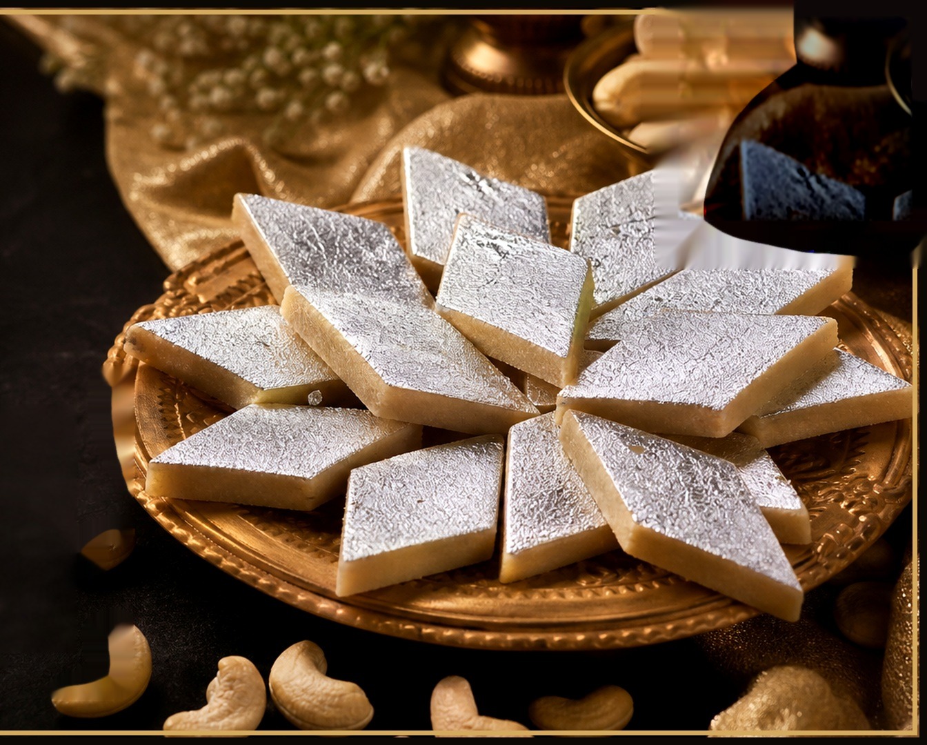 Ajwa Kaju Katli with silver leaf
